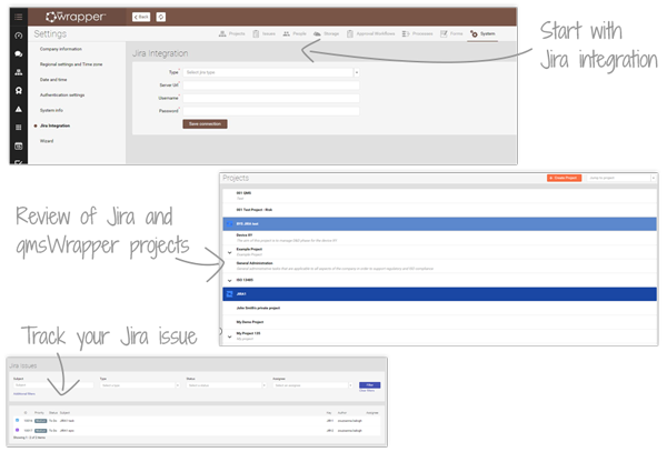 qmsWrapper Jira integration setup screen for connecting projects and compliance management